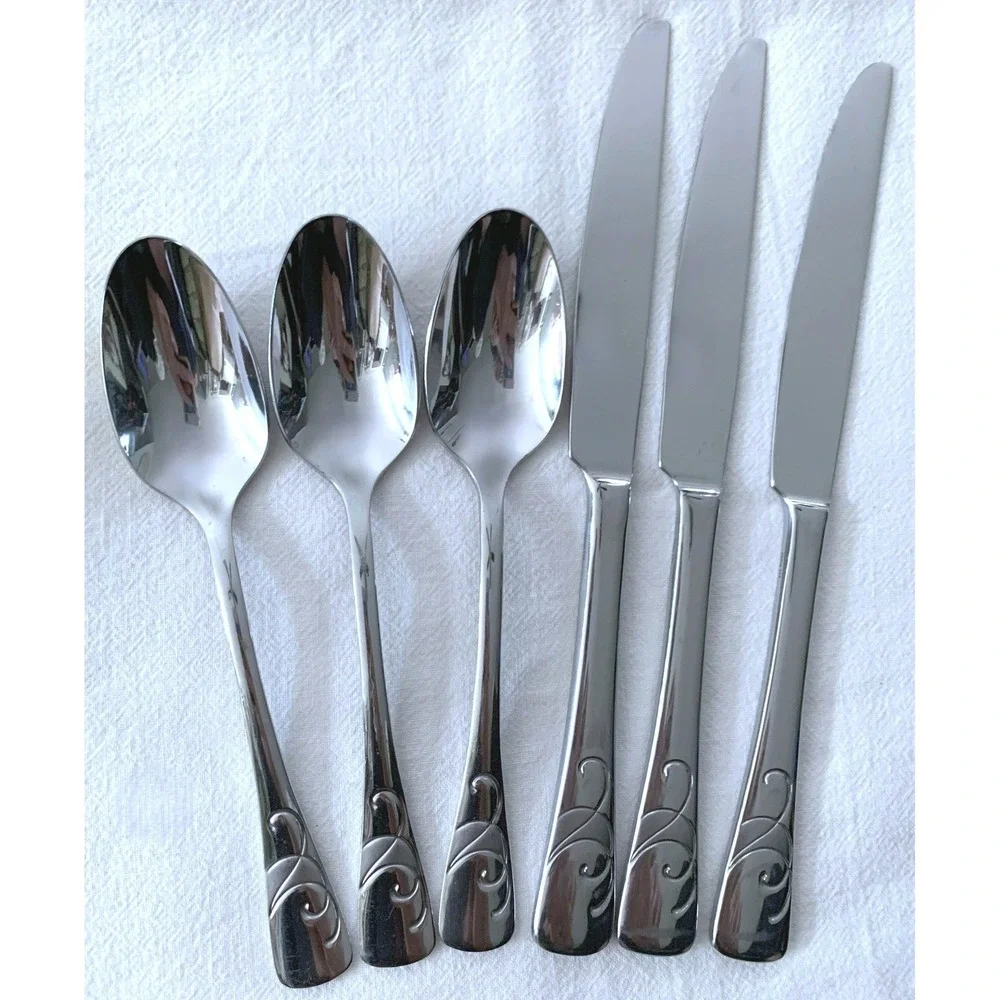 6 Oneida SERIF Design Stainless Steel Flatware 3 Knives 3‎ Table/Soup Spoons NOS